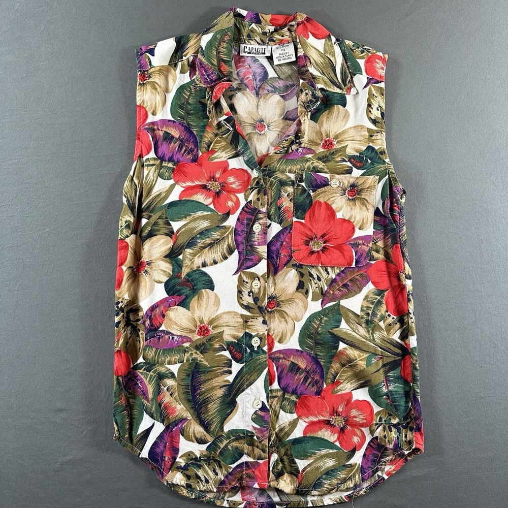 Capacity Petites Floral Collared Sleeveless Button-Up Blouse Rayon Multicolor PS